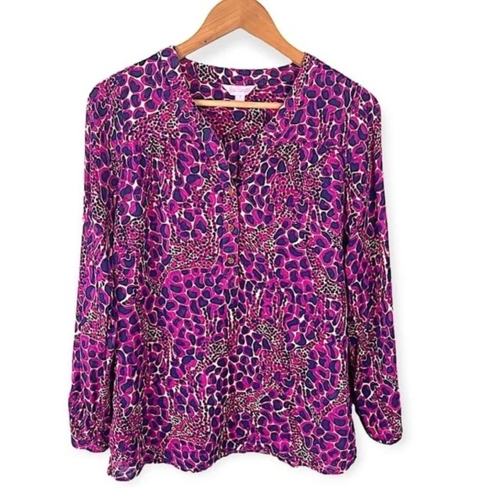 Lilly Pulitzer Sherida Top Gigi Giraffe Print Pink Navy Cotton Blouse Women's S